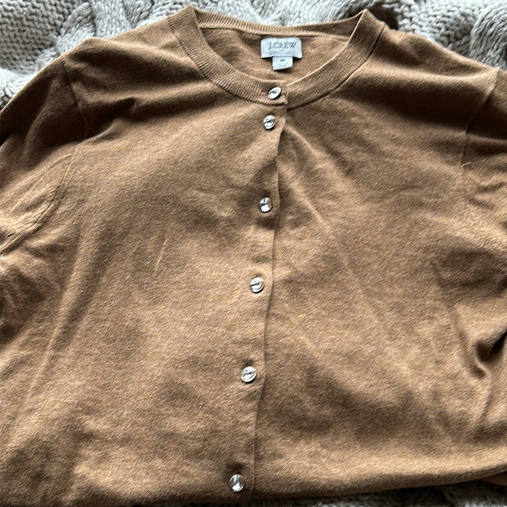 Fancy jeweled button, caramel colored cardigan. - Picture 2 of 9